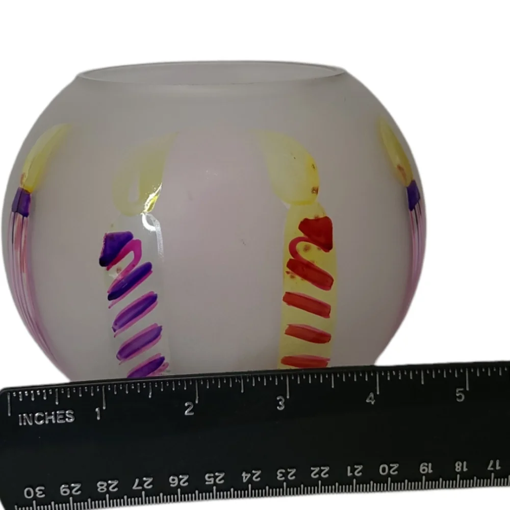 TeleFlora Circle Frosted Glass Vase Bowl w/‎ Multi-Color Hand Painted Candles